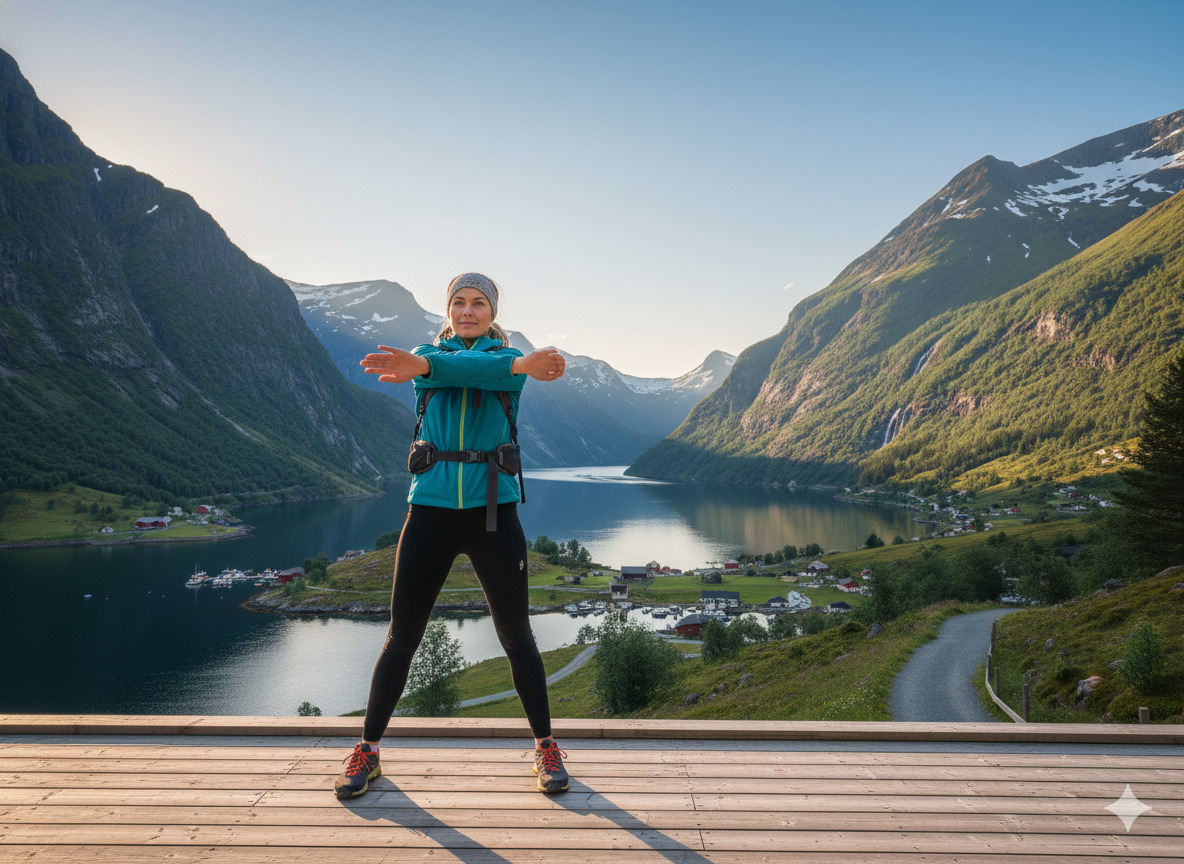 Woman stretching outdoors beside a Norwegian fjord on a clear morning