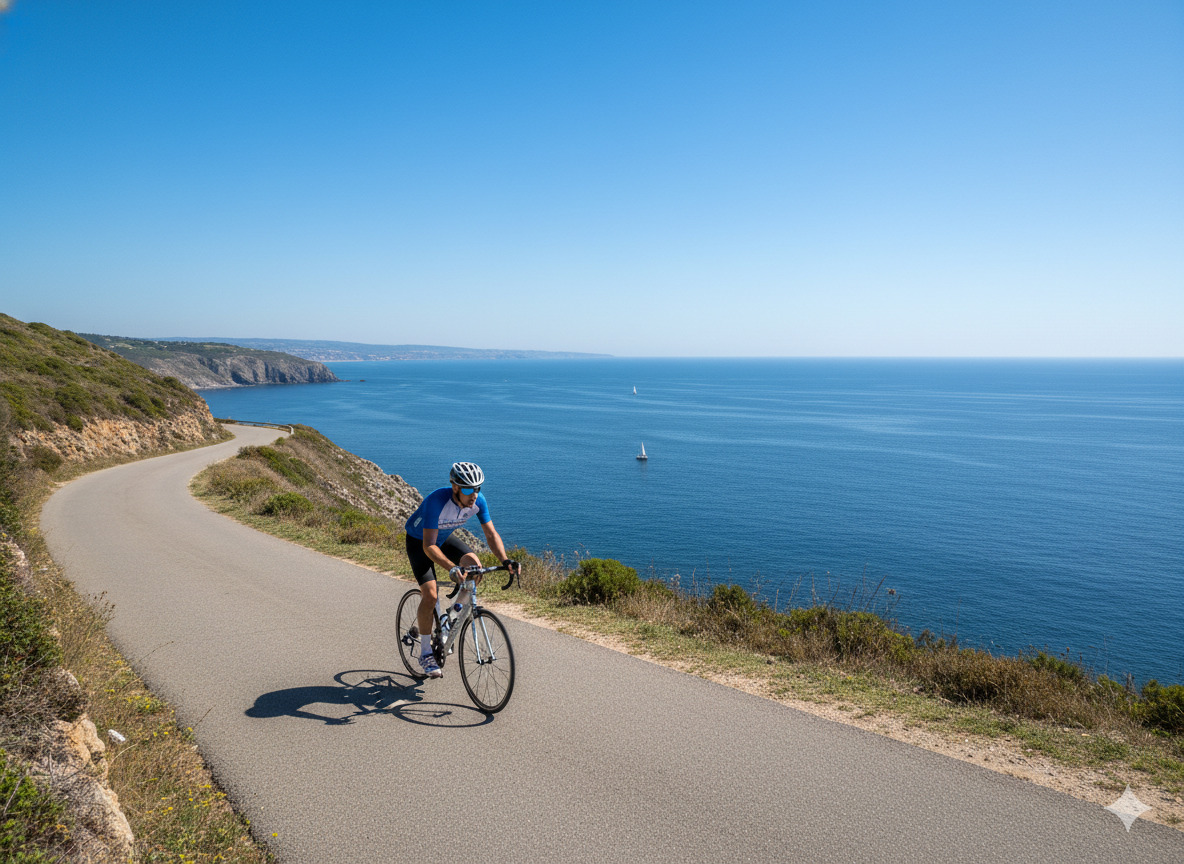 Person cycling along a coastal path on a clear day