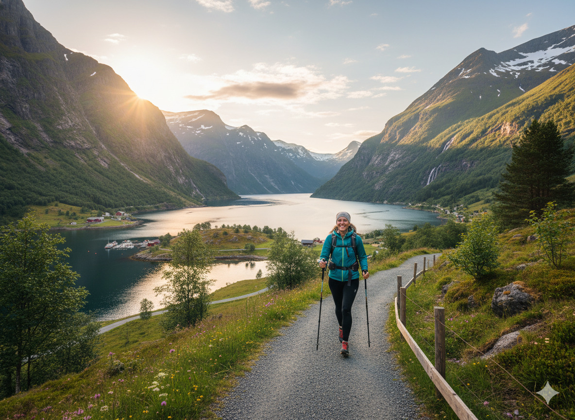 Person enjoying an active morning walk along a Norwegian fjord path